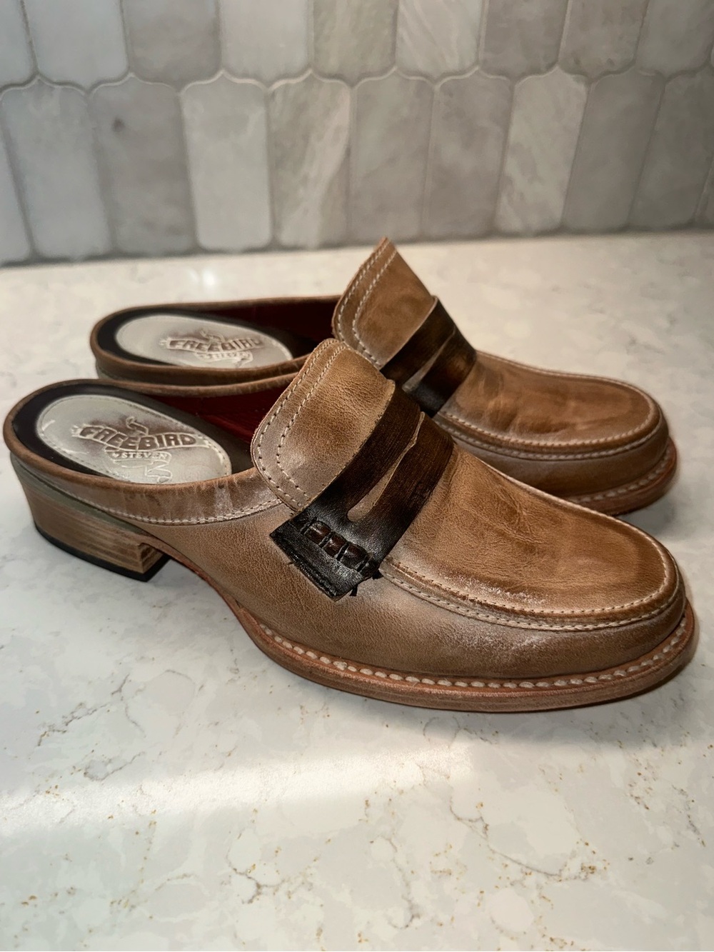 Freebird by Steven Women’s Tan Brown Leather Slip-On Loafer Mule